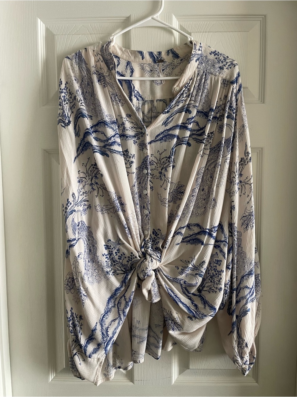 Free People Cream Button-Front Blouse with Blue Scenic Print